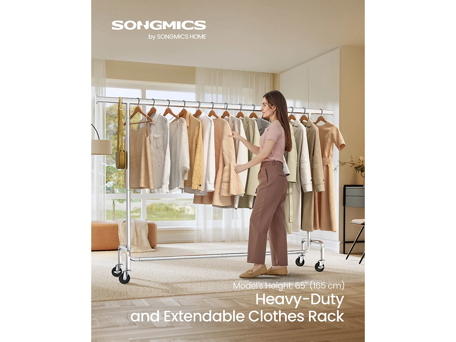 SONGMICS Clothes Rack on Wheels, Heavy-Duty Clothes Rail, with Extendable Hanging Rail, 110 kg Load Capacity, 45 x (160-200) x 162.9 cm, Chrome-Plated, Silver