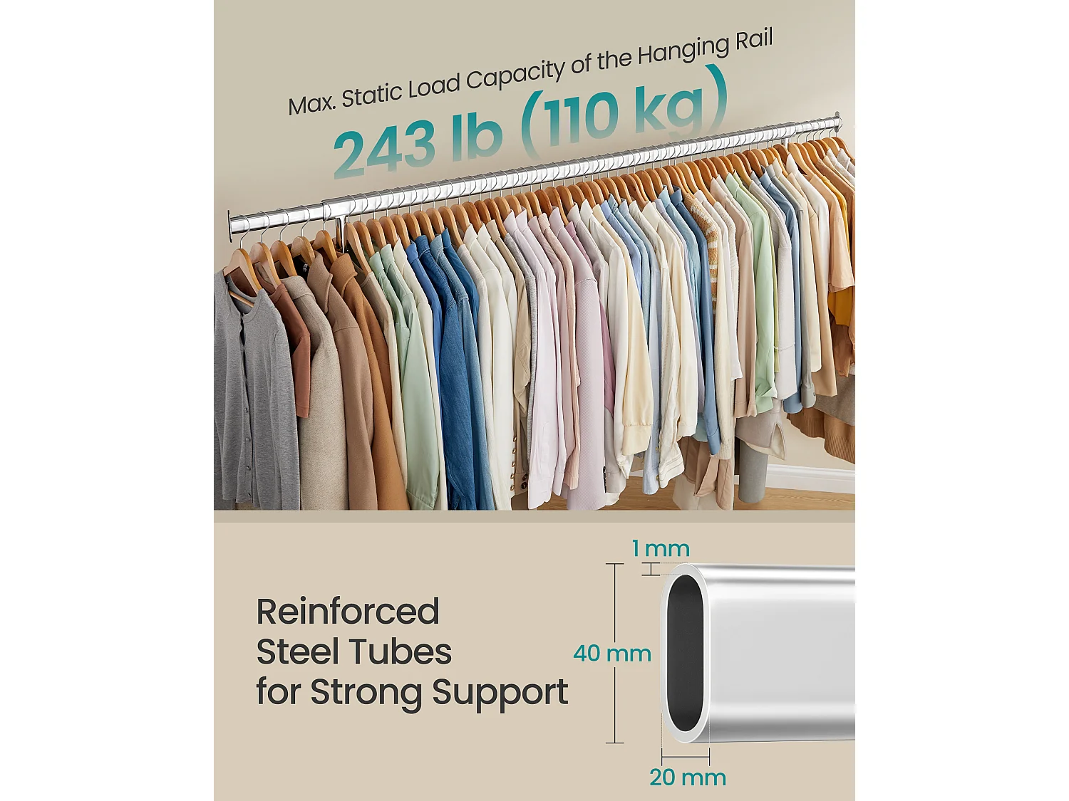 SONGMICS Clothes Rack on Wheels, Heavy-Duty Clothes Rail, with Extendable Hanging Rail, 110 kg Load Capacity, 45 x (160-200) x 162.9 cm, Chrome-Plated, Silver