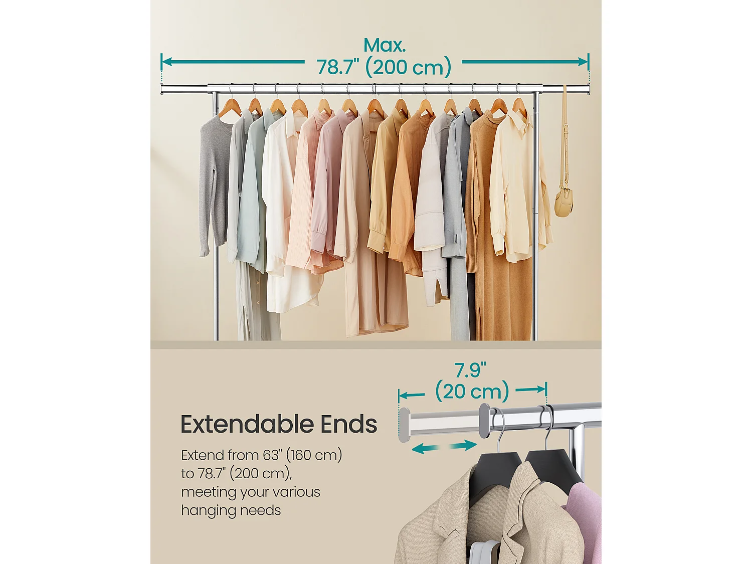 SONGMICS Clothes Rack on Wheels, Heavy-Duty Clothes Rail, with Extendable Hanging Rail, 110 kg Load Capacity, 45 x (160-200) x 162.9 cm, Chrome-Plated, Silver