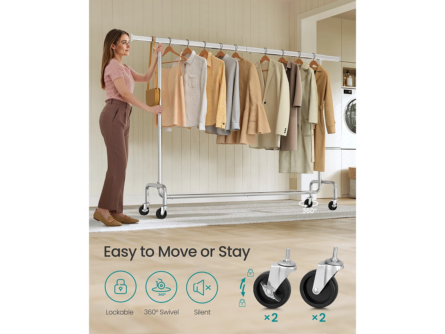 SONGMICS Clothes Rack on Wheels, Heavy-Duty Clothes Rail, with Extendable Hanging Rail, 110 kg Load Capacity, 45 x (160-200) x 162.9 cm, Chrome-Plated, Silver