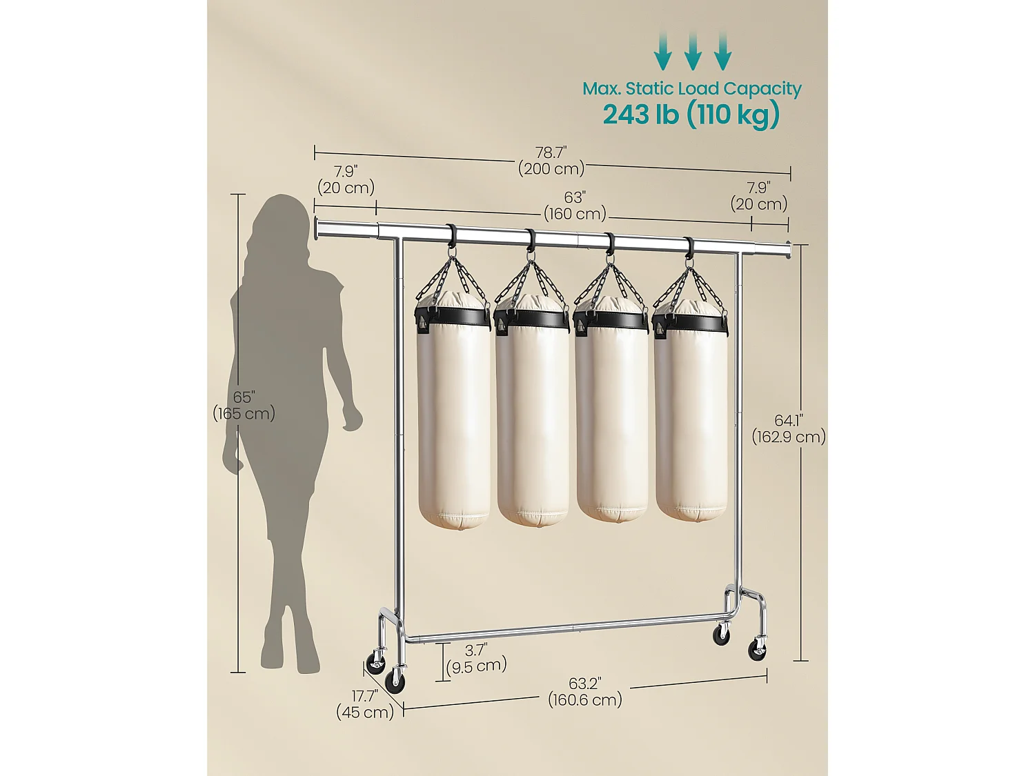 SONGMICS Clothes Rack on Wheels, Heavy-Duty Clothes Rail, with Extendable Hanging Rail, 110 kg Load Capacity, 45 x (160-200) x 162.9 cm, Chrome-Plated, Silver