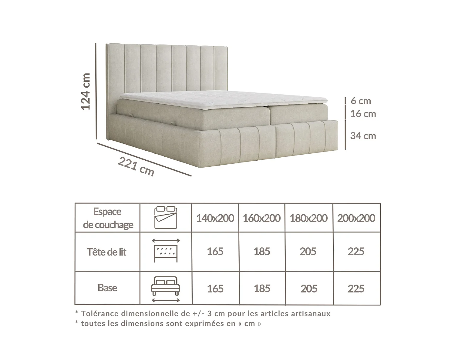 Lit boxspring avec rangement MORETTI - matelas - surmatelas - 160x200 cm - beige