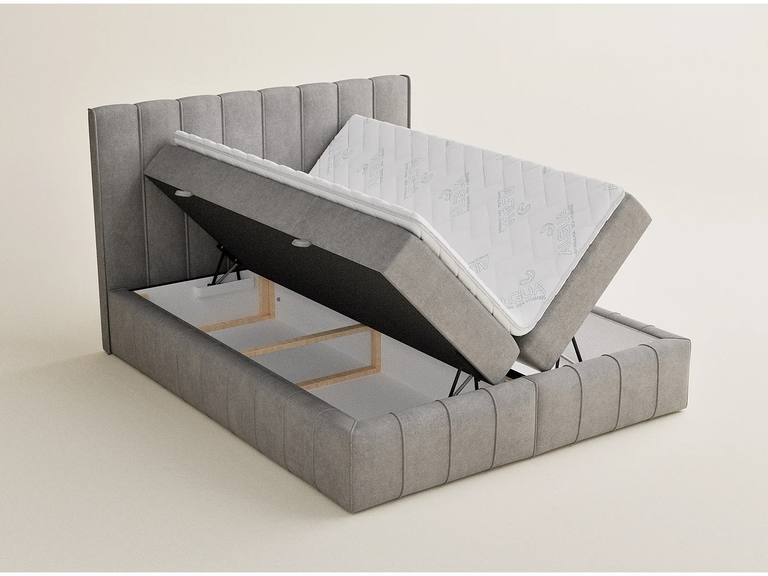 Lit boxspring avec rangement MORETTI - matelas - surmatelas - 200x200 cm - beige gris