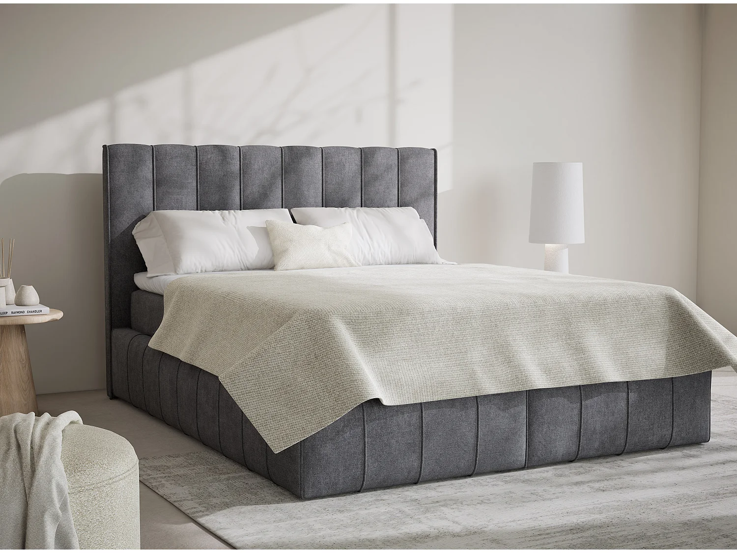 Lit boxspring avec rangement MORETTI - matelas - surmatelas - 180x200 cm - gris