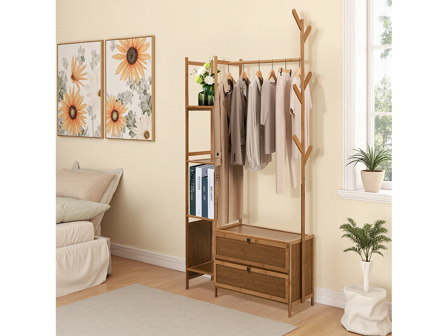 81cm Wooden Coat Rack with Cabinets, Hooks & Side Shelves - Brown