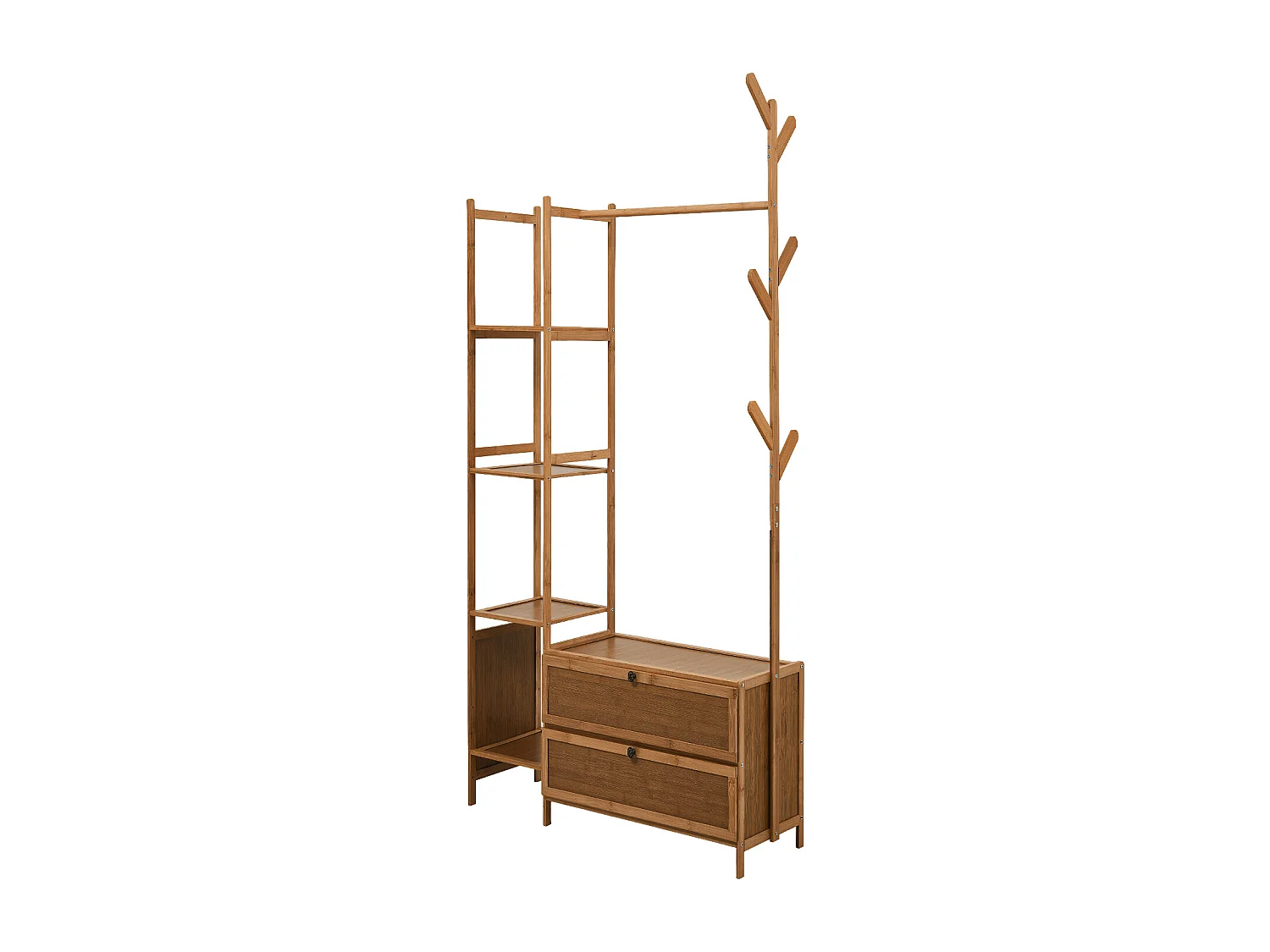 81cm Wooden Coat Rack with Cabinets, Hooks & Side Shelves - Brown