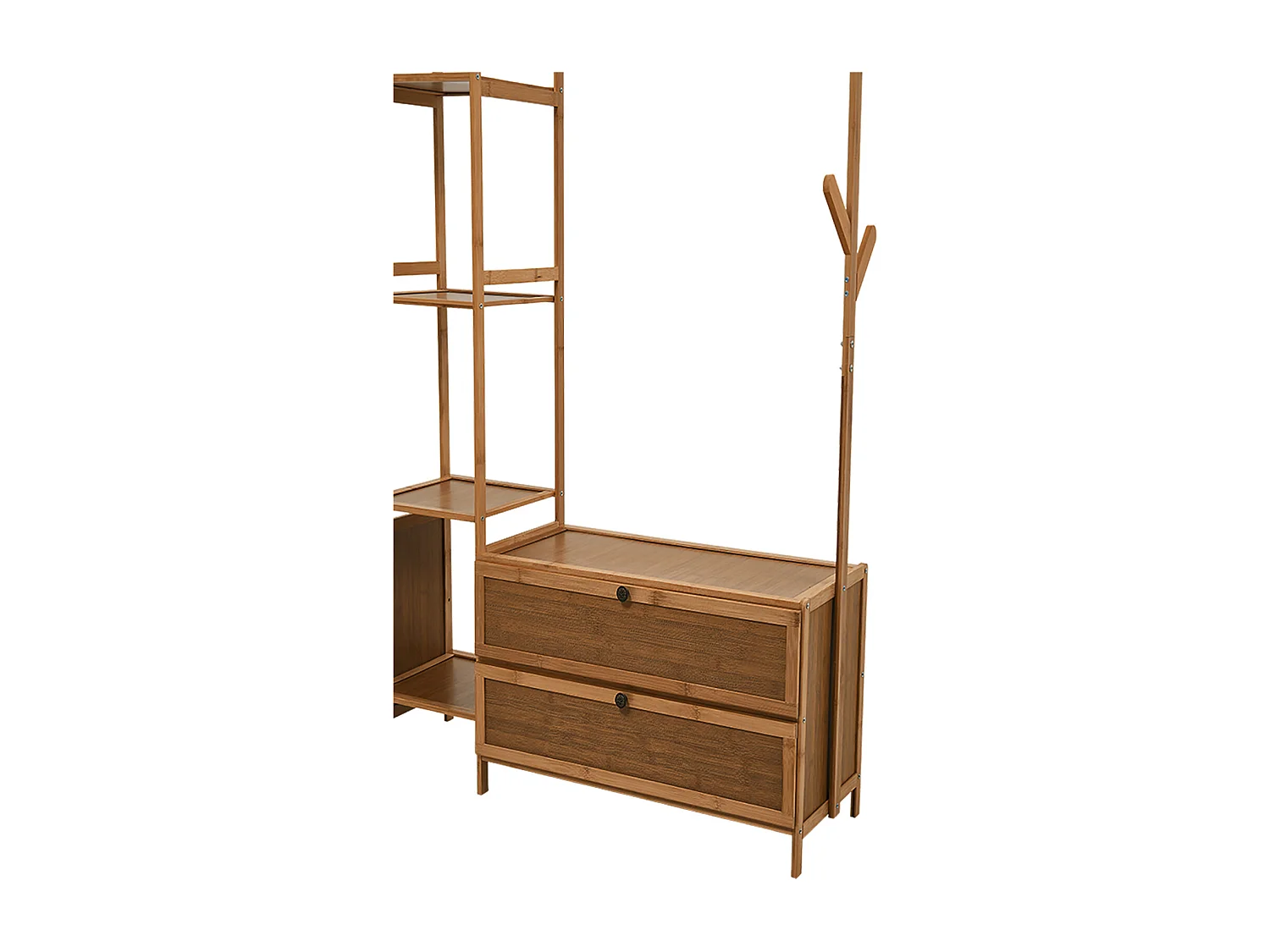 81cm Wooden Coat Rack with Cabinets, Hooks & Side Shelves - Brown