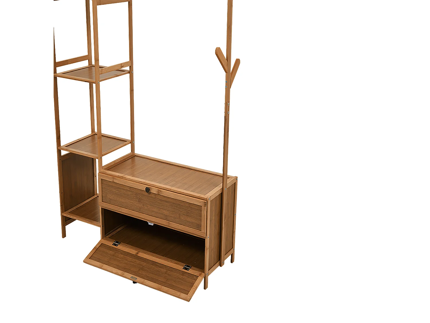 81cm Wooden Coat Rack with Cabinets, Hooks & Side Shelves - Brown