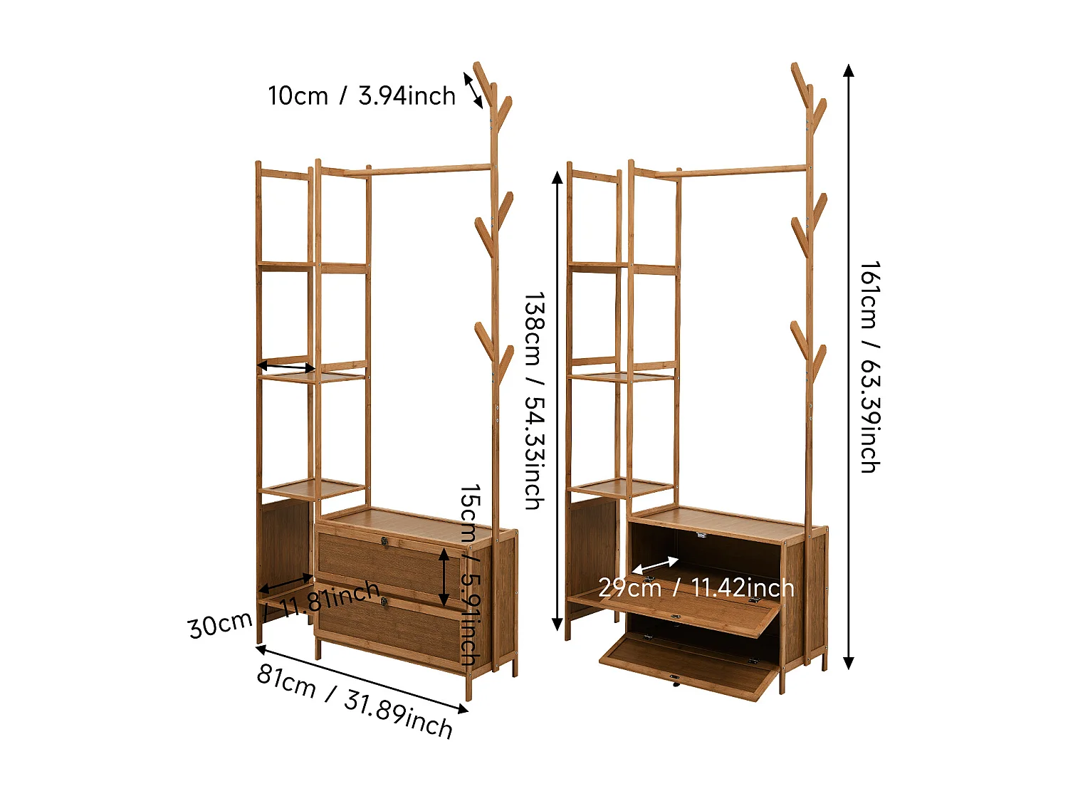 81cm Wooden Coat Rack with Cabinets, Hooks & Side Shelves - Brown