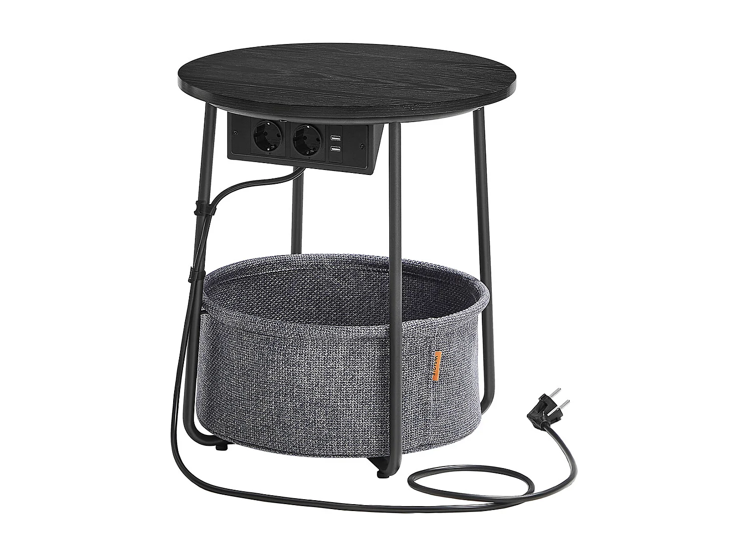 VASAGLE Round Side Table with Charging Station, Small Table with Socket, Coffee Table, USB Ports, Fabric Basket, Living Room Bedroom, Modern Nightstand, Ebony