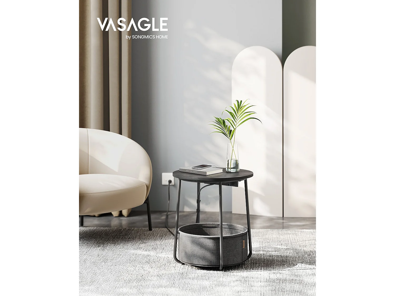 VASAGLE Round Side Table with Charging Station, Small Table with Socket, Coffee Table, USB Ports, Fabric Basket, Living Room Bedroom, Modern Nightstand, Ebony