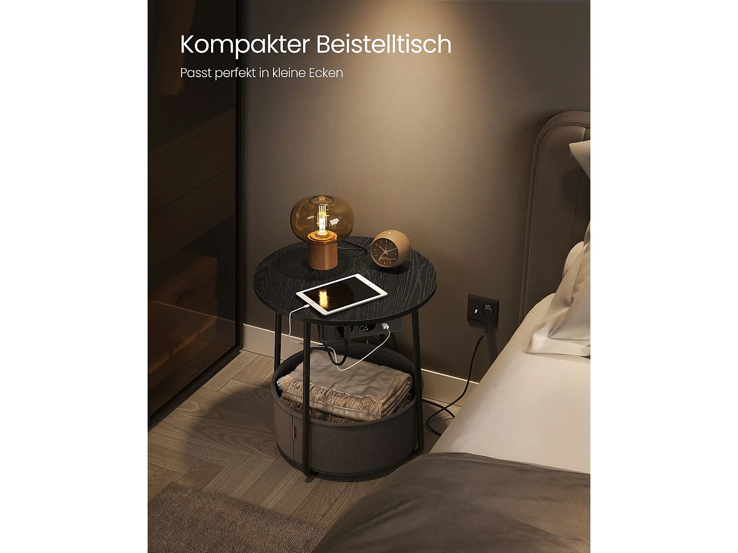 VASAGLE Round Side Table with Charging Station, Small Table with Socket, Coffee Table, USB Ports, Fabric Basket, Living Room Bedroom, Modern Nightstand, Ebony