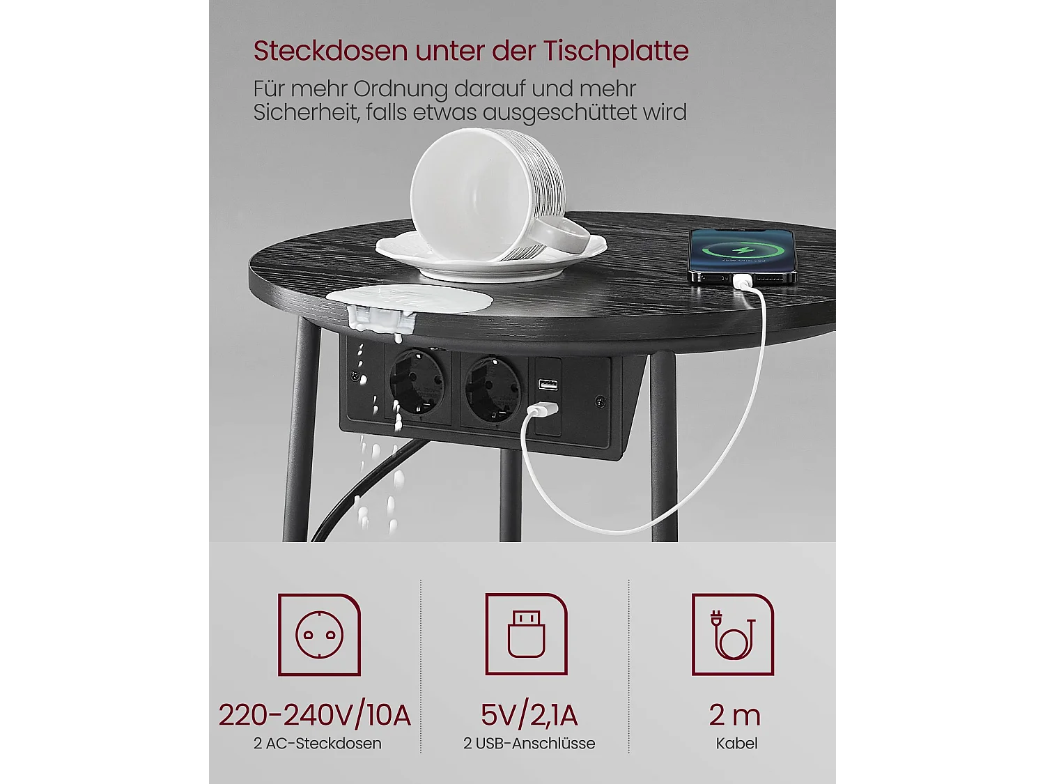 VASAGLE Round Side Table with Charging Station, Small Table with Socket, Coffee Table, USB Ports, Fabric Basket, Living Room Bedroom, Modern Nightstand, Ebony