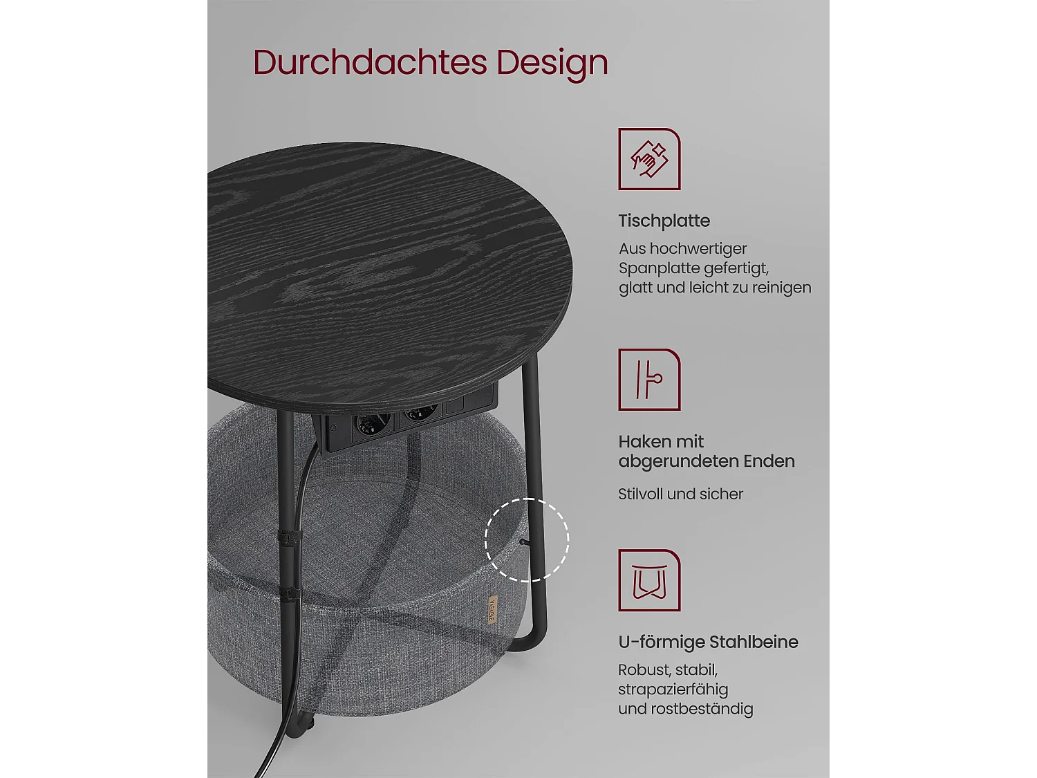 VASAGLE Round Side Table with Charging Station, Small Table with Socket, Coffee Table, USB Ports, Fabric Basket, Living Room Bedroom, Modern Nightstand, Ebony