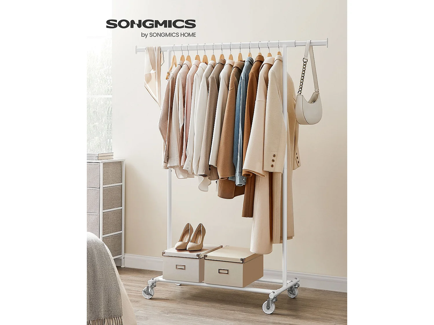 SONGMICS Stendibiancheria su rotelle, asta appendiabiti per impieghi gravosi, con asta appendiabiti estensibile, capacità di carico di 90 kg, facile da montare,