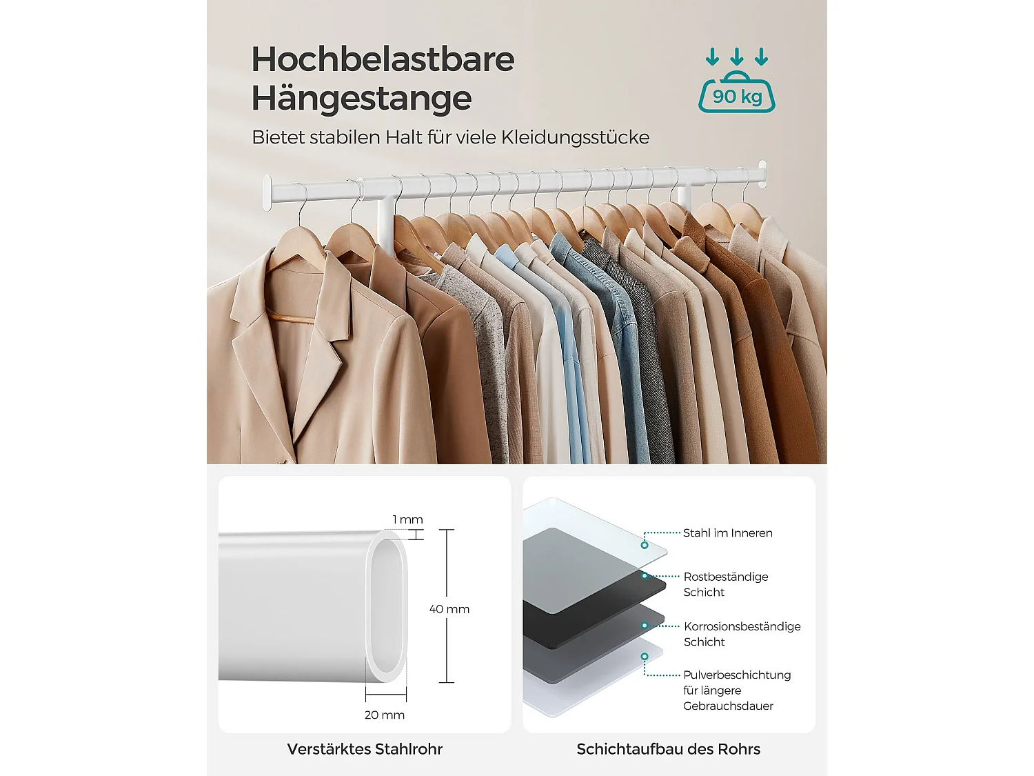 SONGMICS Stendibiancheria su rotelle, asta appendiabiti per impieghi gravosi, con asta appendiabiti estensibile, capacità di carico di 90 kg, facile da montare,