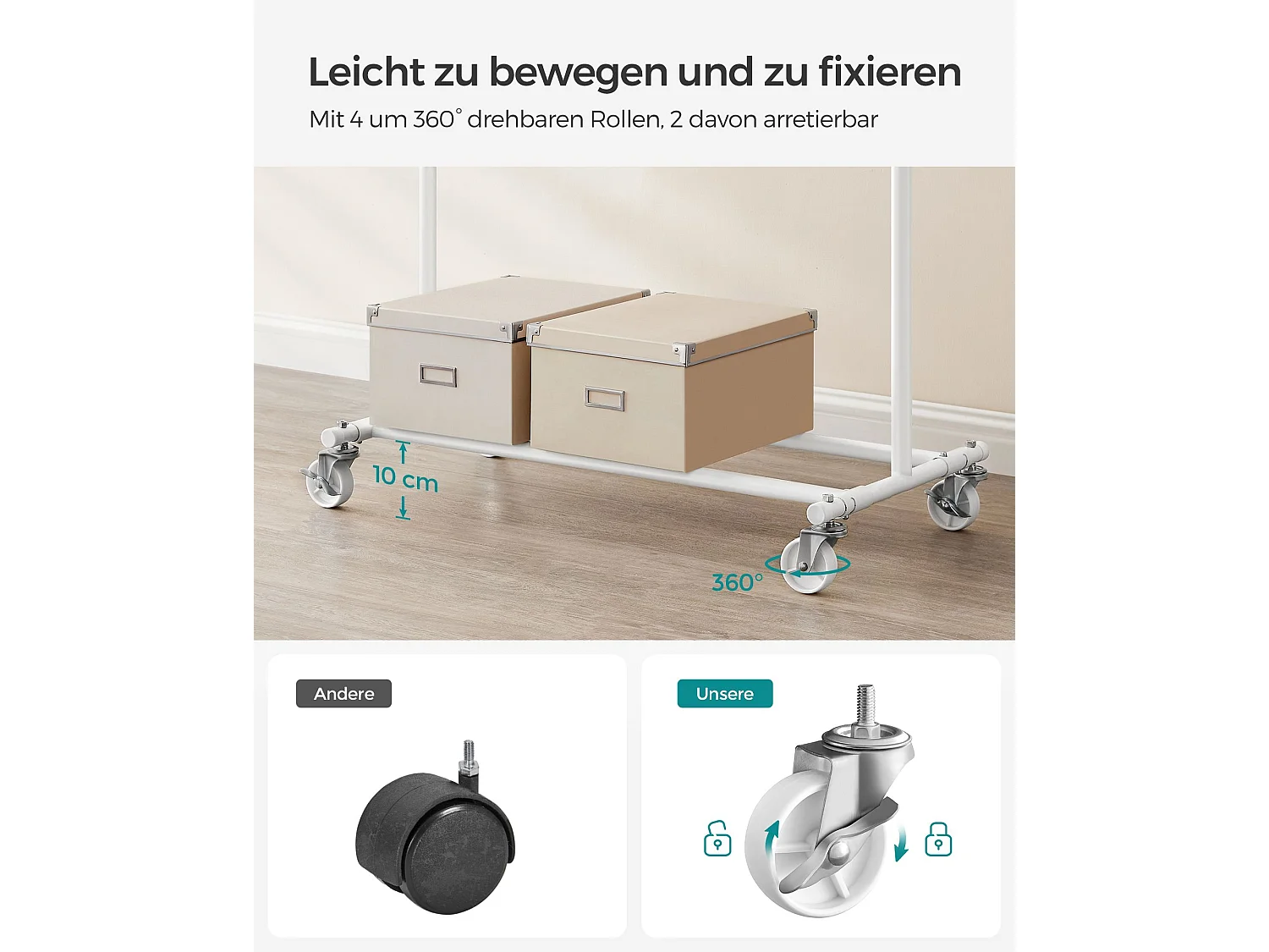 SONGMICS Stendibiancheria su rotelle, asta appendiabiti per impieghi gravosi, con asta appendiabiti estensibile, capacità di carico di 90 kg, facile da montare,