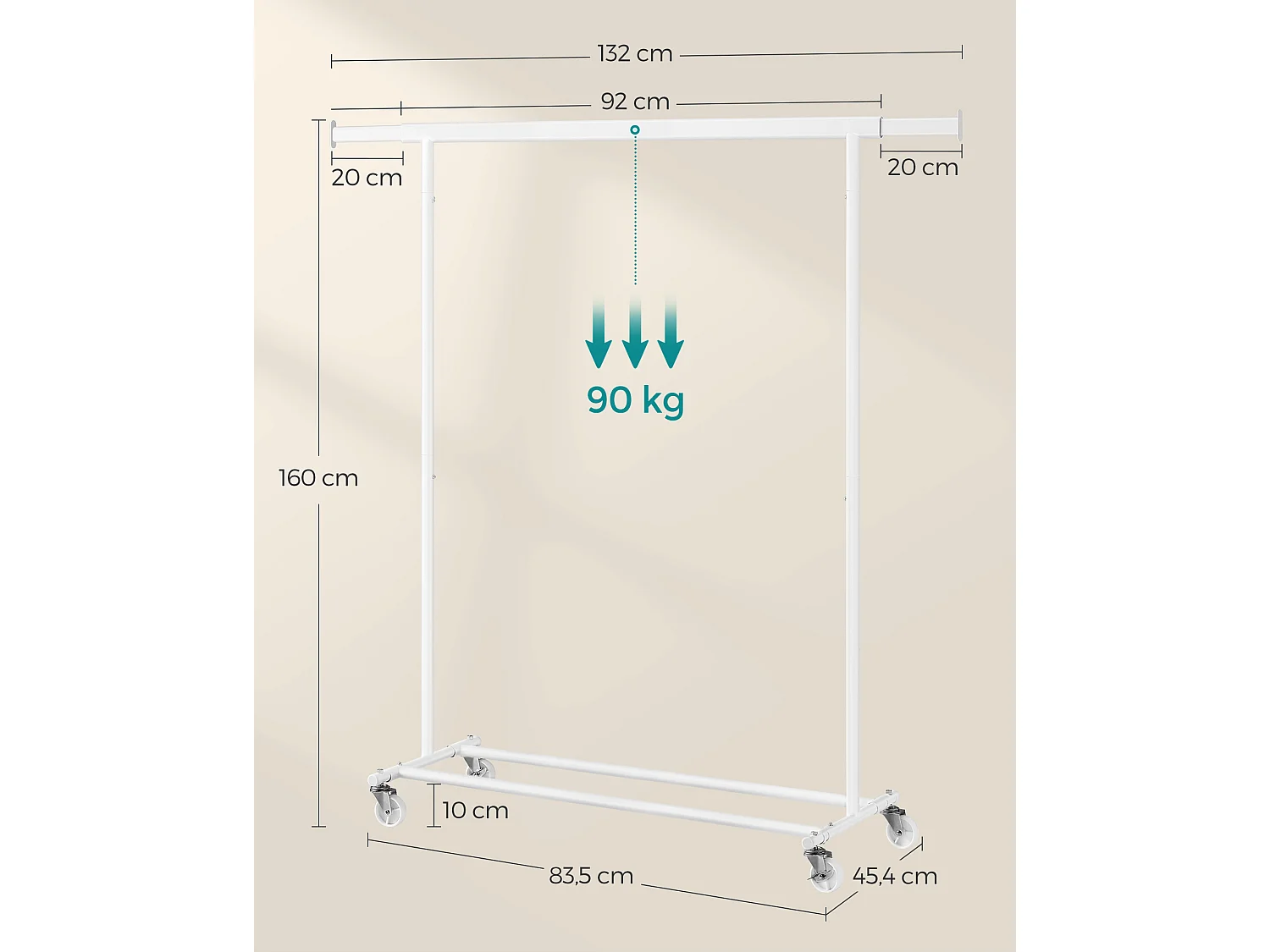 SONGMICS Stendibiancheria su rotelle, asta appendiabiti per impieghi gravosi, con asta appendiabiti estensibile, capacità di carico di 90 kg, facile da montare,