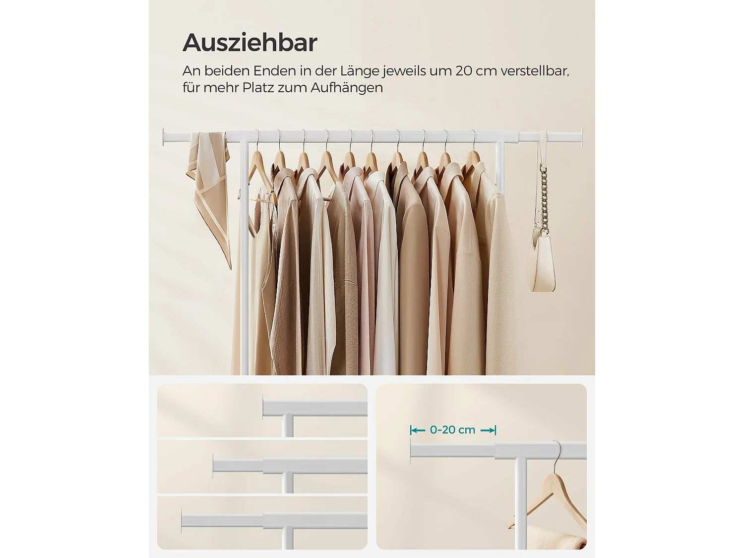 SONGMICS Stendibiancheria su rotelle, asta appendiabiti per impieghi gravosi, con asta appendiabiti estensibile, capacità di carico di 90 kg, facile da montare,