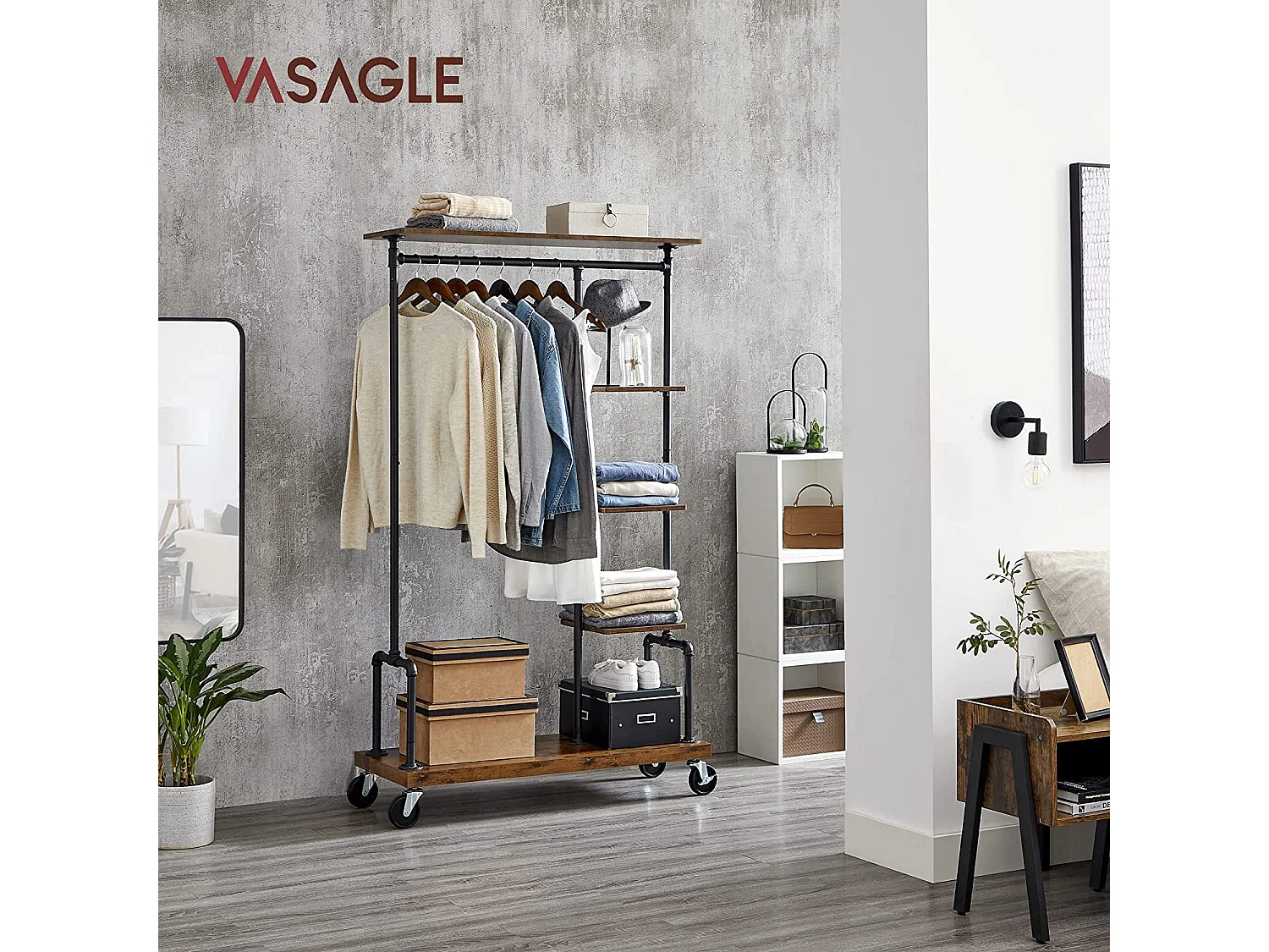 Porte-vêtements, porte-vêtements sur roulettes, porte-vêtements à 5 niveaux avec tuyaux en métal, pour chambre à coucher, magasin, buanderie, salon, brun rustique