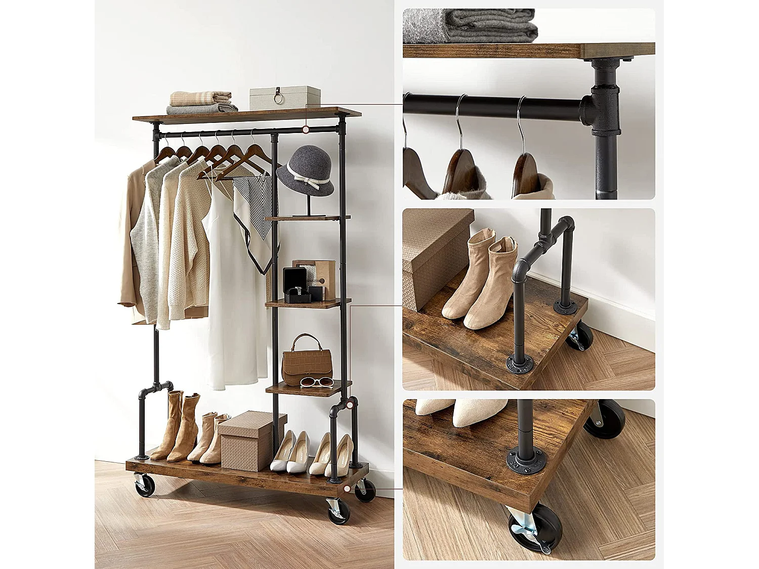 Porte-vêtements, porte-vêtements sur roulettes, porte-vêtements à 5 niveaux avec tuyaux en métal, pour chambre à coucher, magasin, buanderie, salon, brun rustique