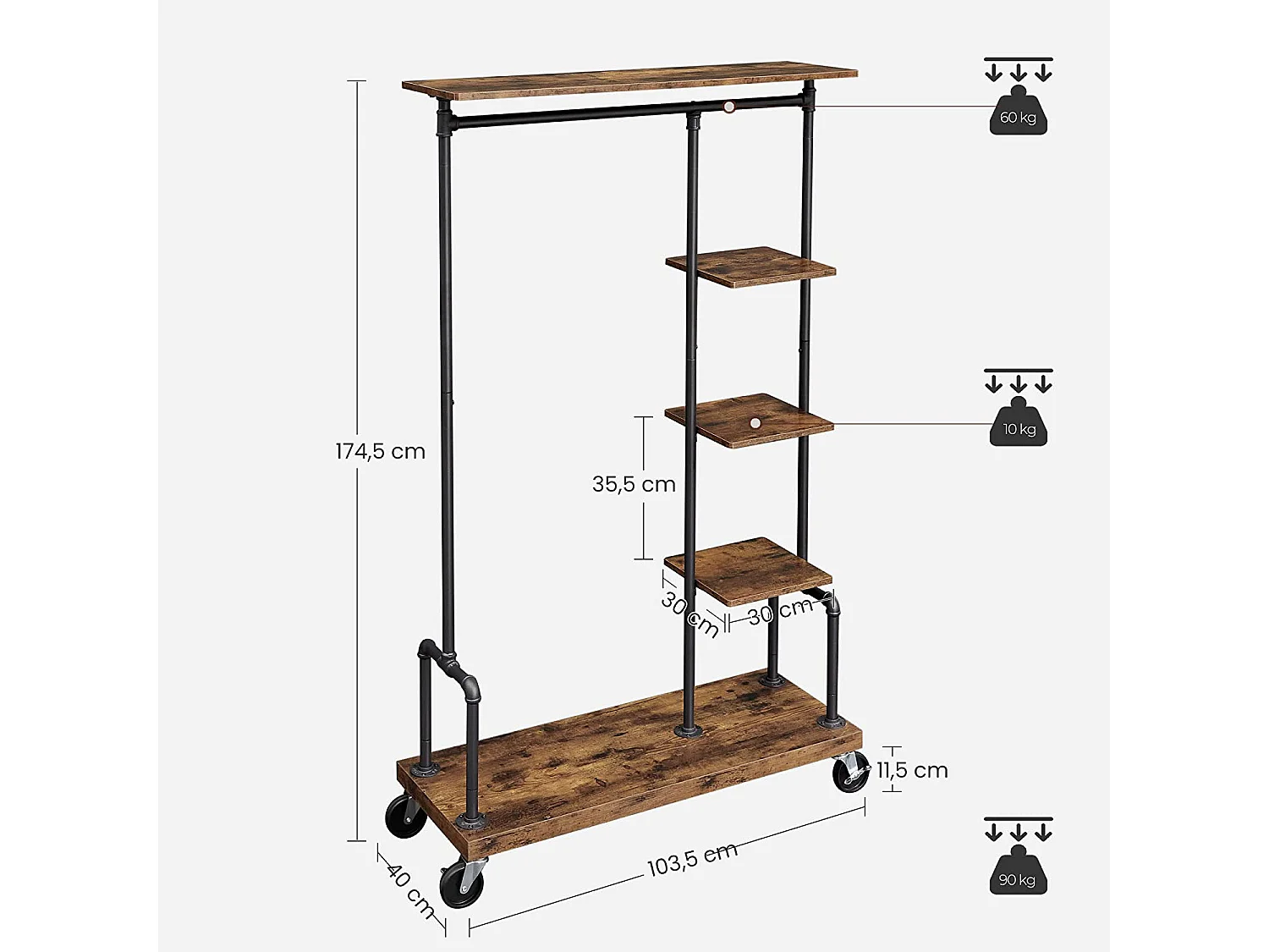 Porte-vêtements, porte-vêtements sur roulettes, porte-vêtements à 5 niveaux avec tuyaux en métal, pour chambre à coucher, magasin, buanderie, salon, brun rustique