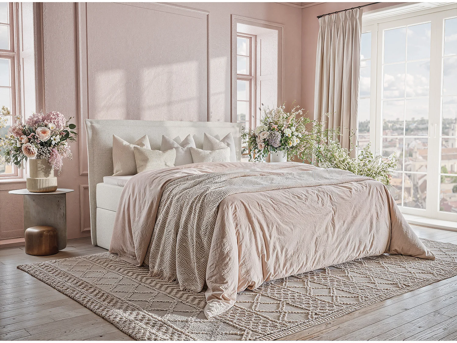 Łóżko z pojemnikiem 160 x 200 cm - z wezgłowiem - pleciona tkanina - niebieskoszary - SAFFRON