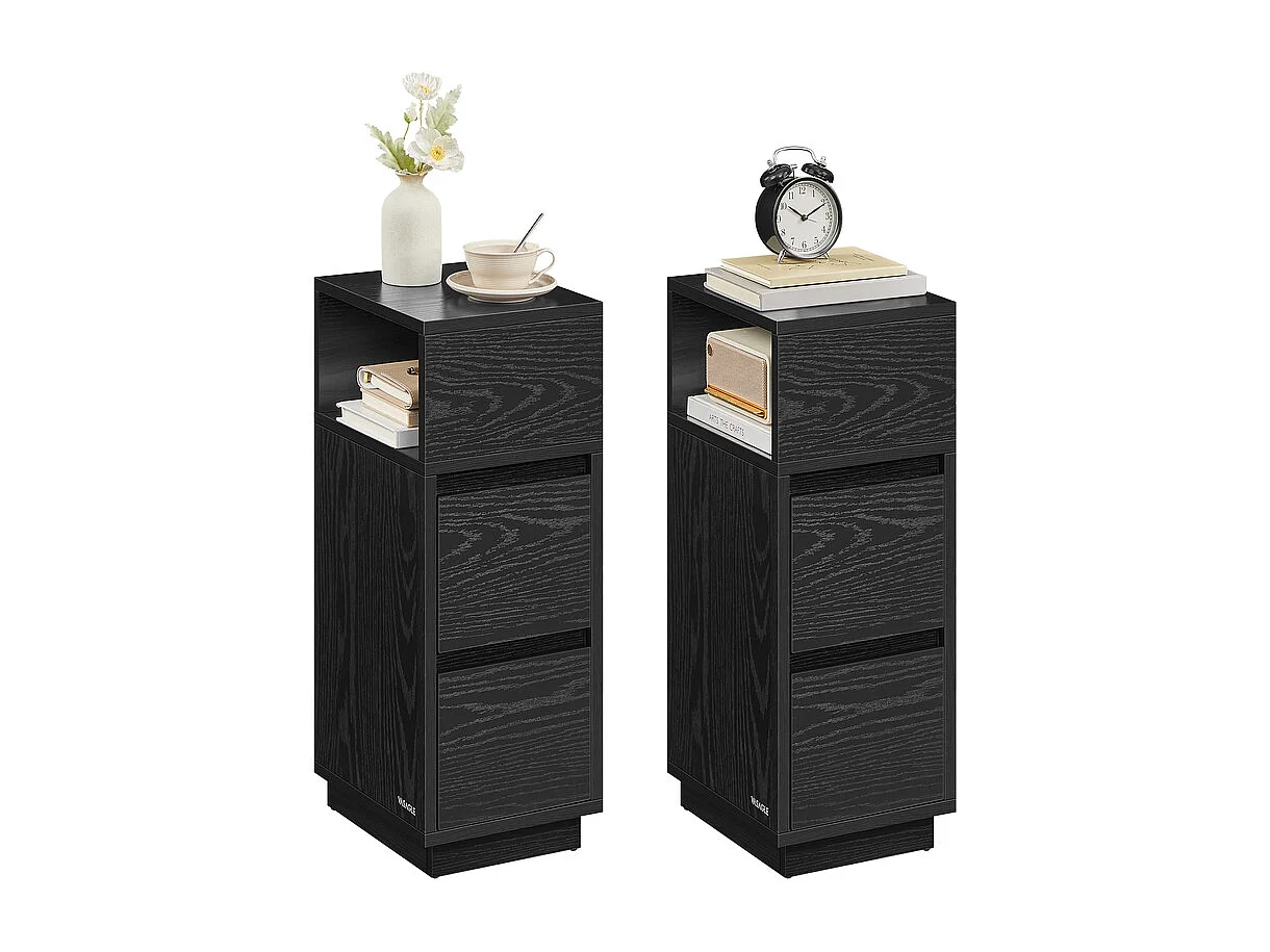 Narrow bedside cabinet set of 2 with drawers ebony black