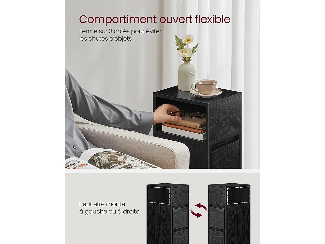 Narrow bedside cabinet set of 2 with drawers ebony black