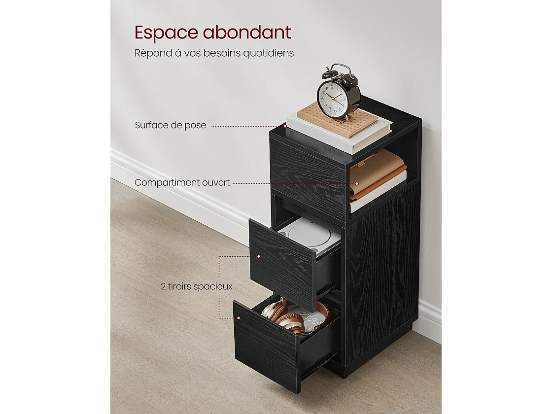 Narrow bedside cabinet set of 2 with drawers ebony black