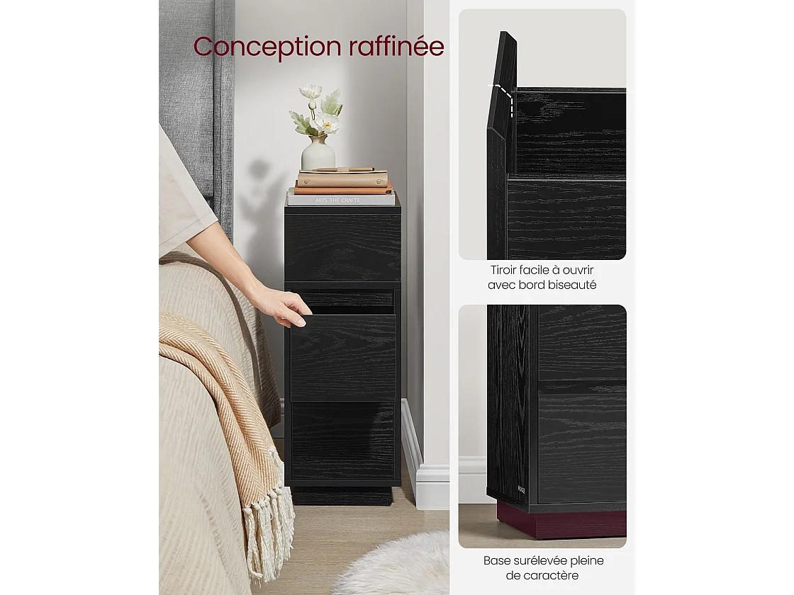 Narrow bedside cabinet set of 2 with drawers ebony black