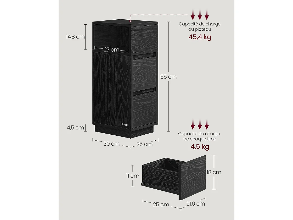 Narrow bedside cabinet set of 2 with drawers ebony black