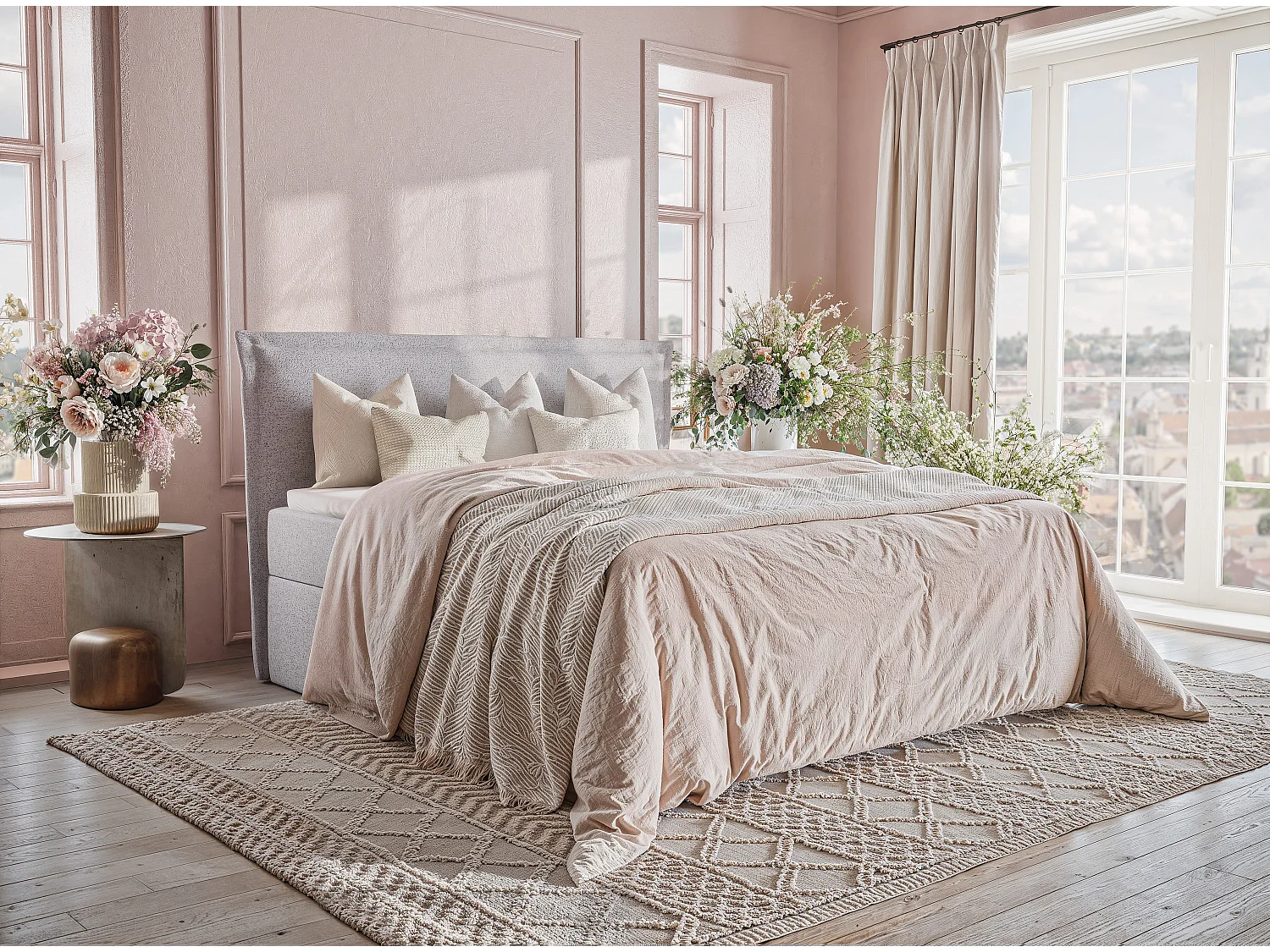 Łóżko z pojemnikiem 160 x 200 cm - z wezgłowiem - pleciona tkanina - kremowy - SAFFRON