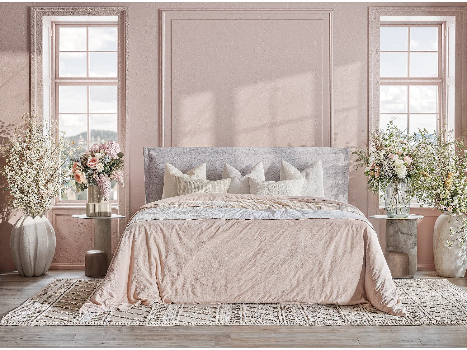 Łóżko z pojemnikiem 160 x 200 cm - z wezgłowiem - pleciona tkanina - kremowy - SAFFRON