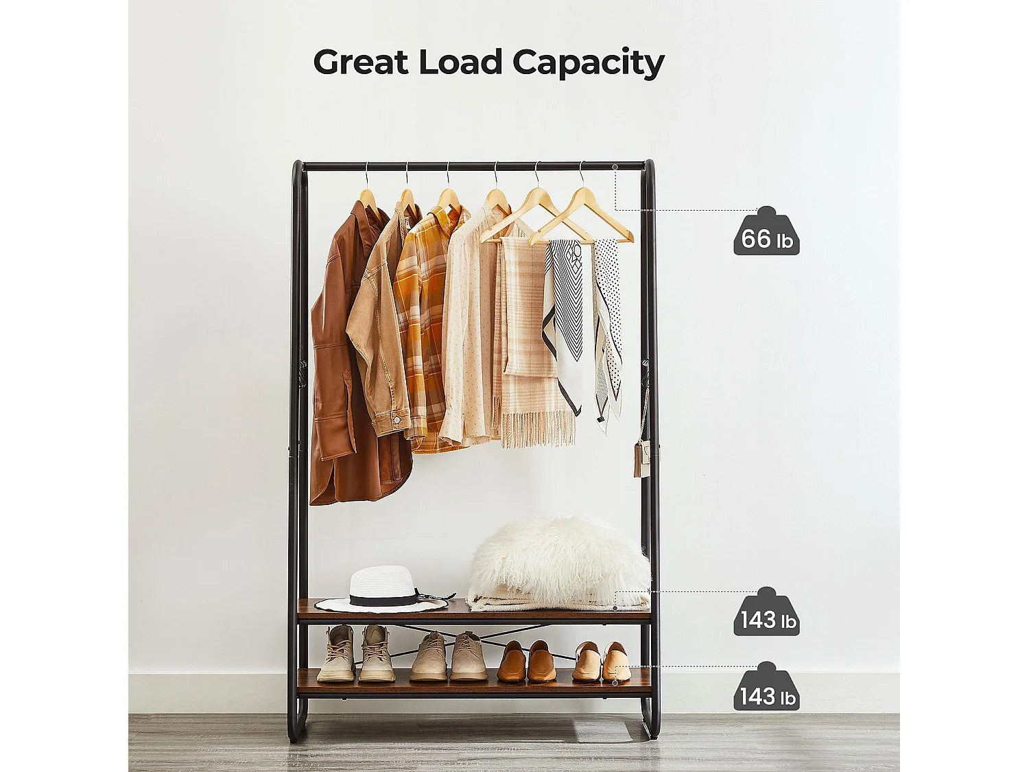 VASAGLE Kleiderstange, Heavy-Duty-Kleiderständer mit 2 Ablagen, 6 S-Haken und Stahlrahmen für das Schlafzimmer, industriell, rustikal braun und schwarz RGR112B01