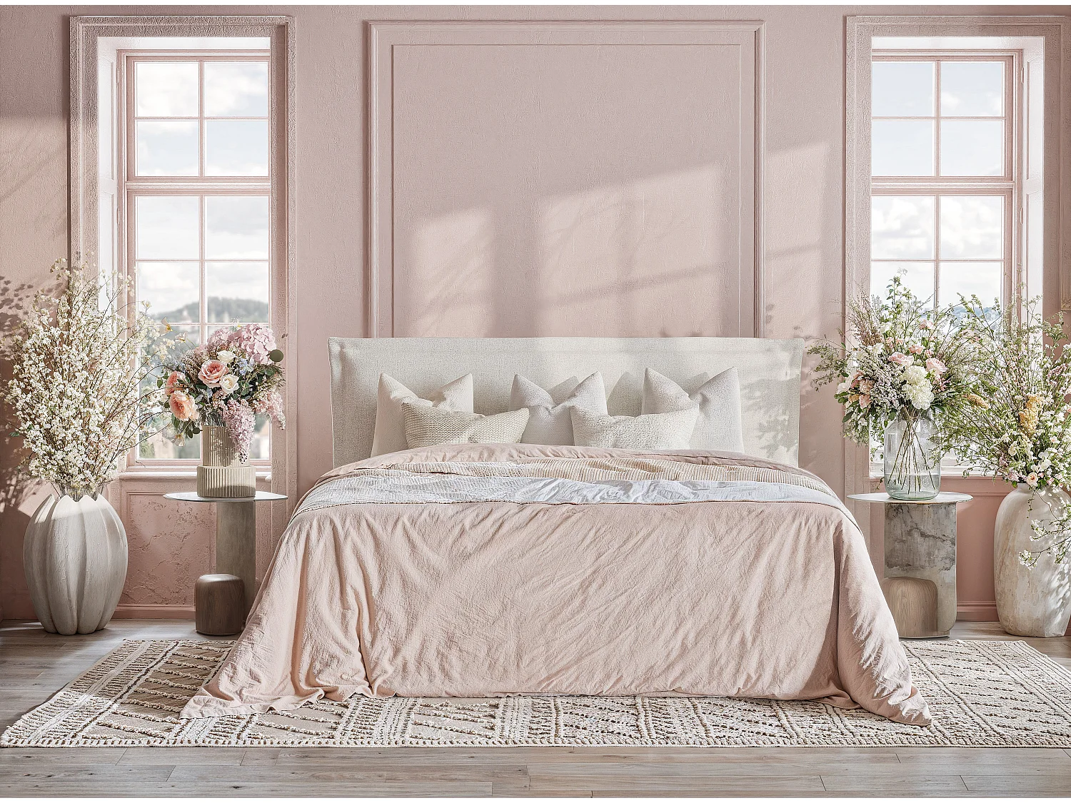 Łóżko z pojemnikiem 160 x 200 cm - z wezgłowiem - pleciona tkanina - jasnoszary - SAFFRON