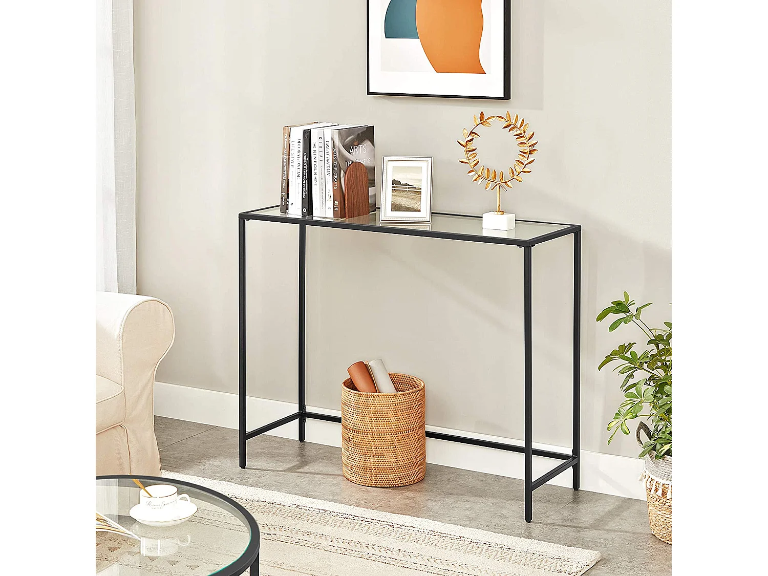 VASAGLE Konsolentisch, Tisch aus gehärtetem Glas, moderner Sofa- oder Eingangstisch, Metallrahmen, verstellbare Füße, für Wohnzimmer, Flur, Schwarz LGT026B01