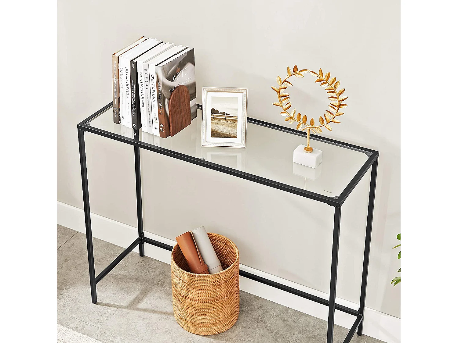 VASAGLE Konsolentisch, Tisch aus gehärtetem Glas, moderner Sofa- oder Eingangstisch, Metallrahmen, verstellbare Füße, für Wohnzimmer, Flur, Schwarz LGT026B01