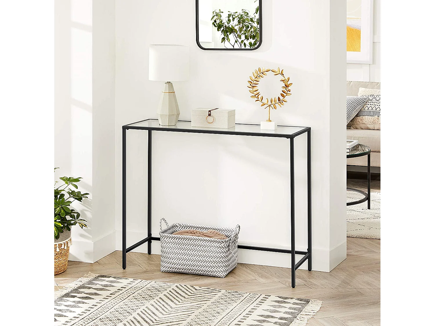VASAGLE Konsolentisch, Tisch aus gehärtetem Glas, moderner Sofa- oder Eingangstisch, Metallrahmen, verstellbare Füße, für Wohnzimmer, Flur, Schwarz LGT026B01