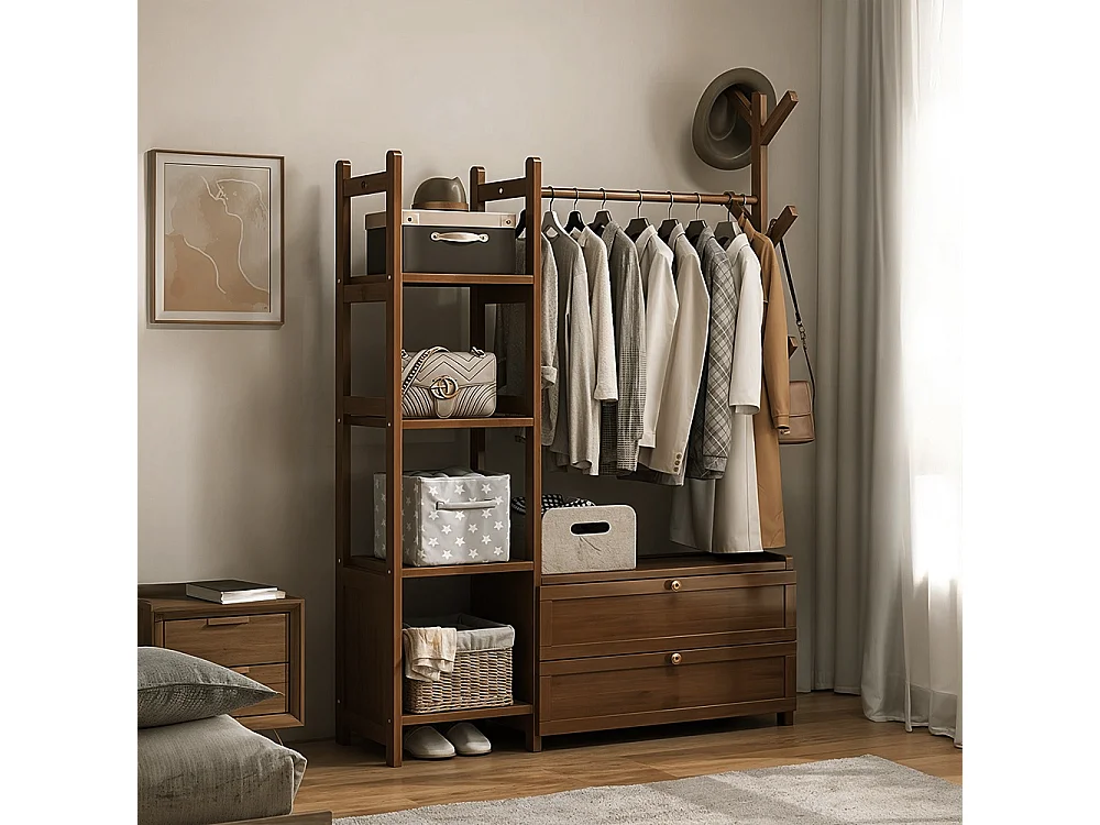 101cm Wooden Coat Rack with Cabinets, Hooks & Side Shelves - Brown