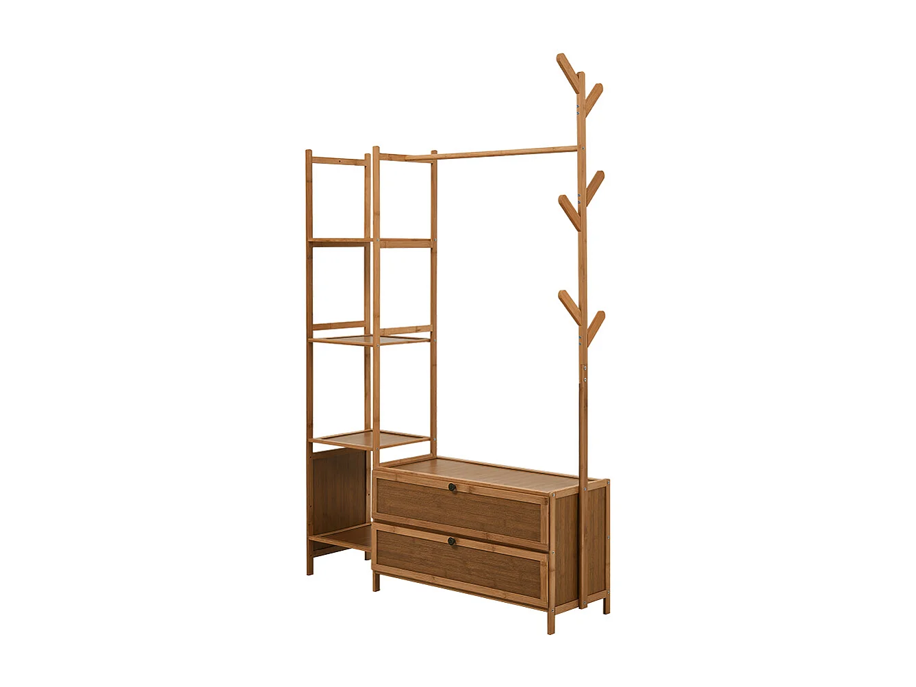 101cm Wooden Coat Rack with Cabinets, Hooks & Side Shelves - Brown