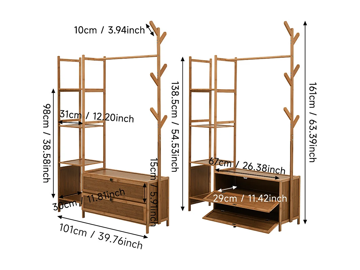 101cm Wooden Coat Rack with Cabinets, Hooks & Side Shelves - Brown