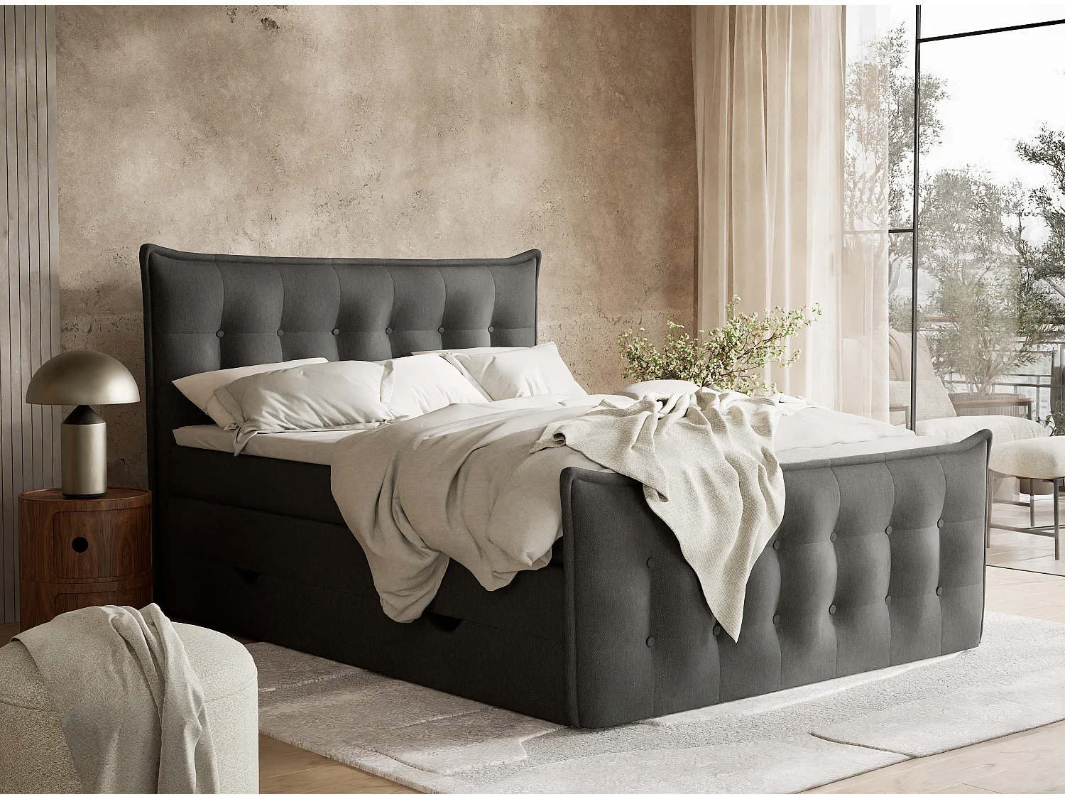 Łóżko boxspring z zagłówkiem + materac + topper - 160x200 cm - grafitowy - FATU
