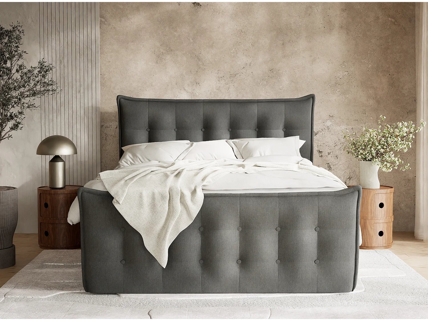 Łóżko boxspring z zagłówkiem + materac + topper - 160x200 cm - grafitowy - FATU