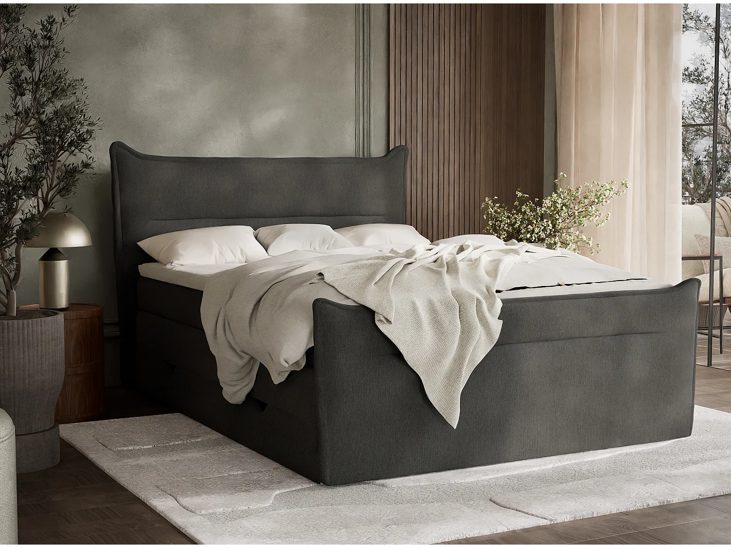 Łóżko boxspring z zagłówkiem + materac + topper - 140x200 cm - grafitowy - PELINO