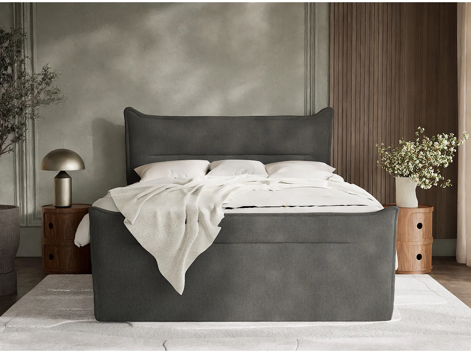 Łóżko boxspring z zagłówkiem + materac + topper - 140x200 cm - grafitowy - PELINO