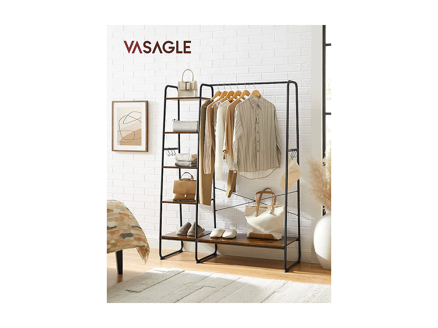 VASAGLE Rails à vêtements, racks à vêtements avec étagères à chaussures, racks de rangement à 5 niveaux, 6 crochets latéraux, pour la chambre à coucher, le salon,