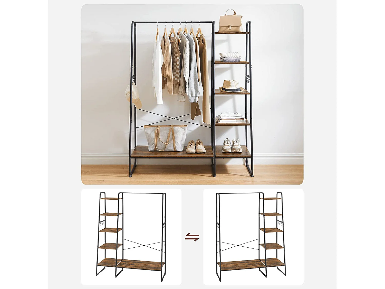 VASAGLE Rails à vêtements, racks à vêtements avec étagères à chaussures, racks de rangement à 5 niveaux, 6 crochets latéraux, pour la chambre à coucher, le salon,