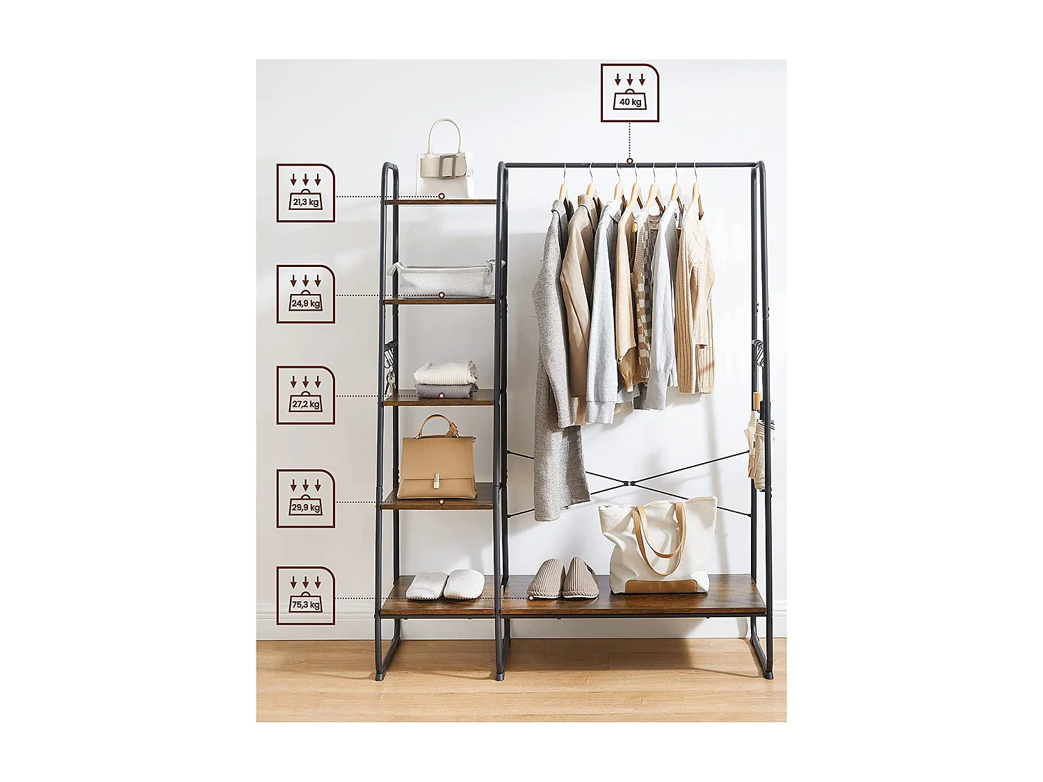 VASAGLE Rails à vêtements, racks à vêtements avec étagères à chaussures, racks de rangement à 5 niveaux, 6 crochets latéraux, pour la chambre à coucher, le salon,