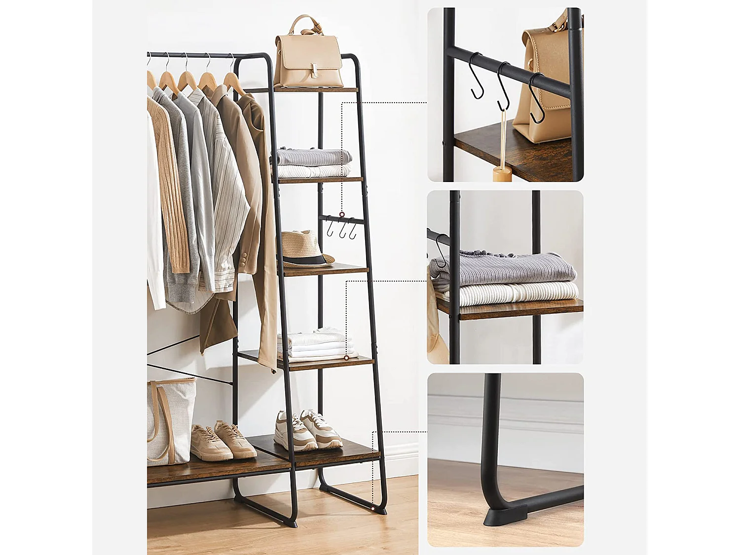 VASAGLE Rails à vêtements, racks à vêtements avec étagères à chaussures, racks de rangement à 5 niveaux, 6 crochets latéraux, pour la chambre à coucher, le salon,